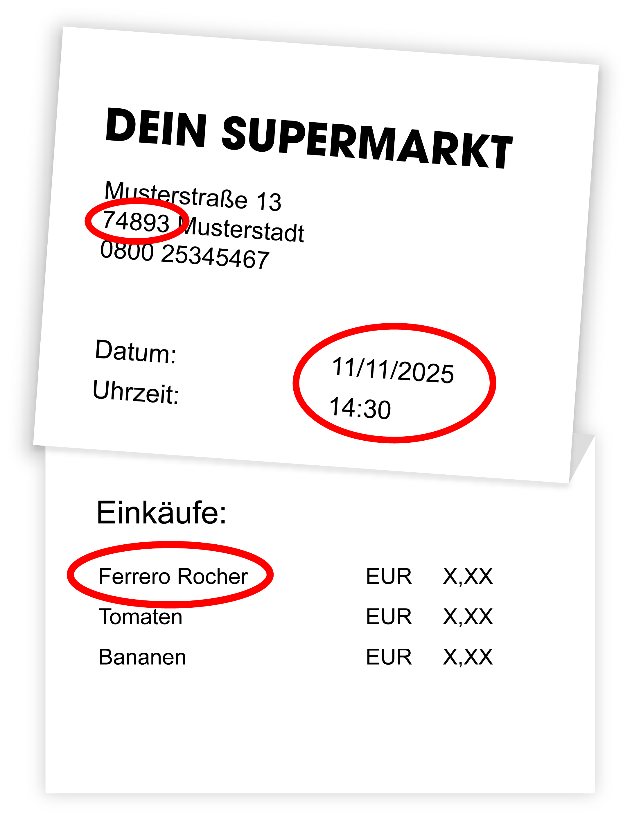 Kassenbon Beispiel Bild mit Datum, Uhrzeit, Postleitzahl und Aktionsprodukt